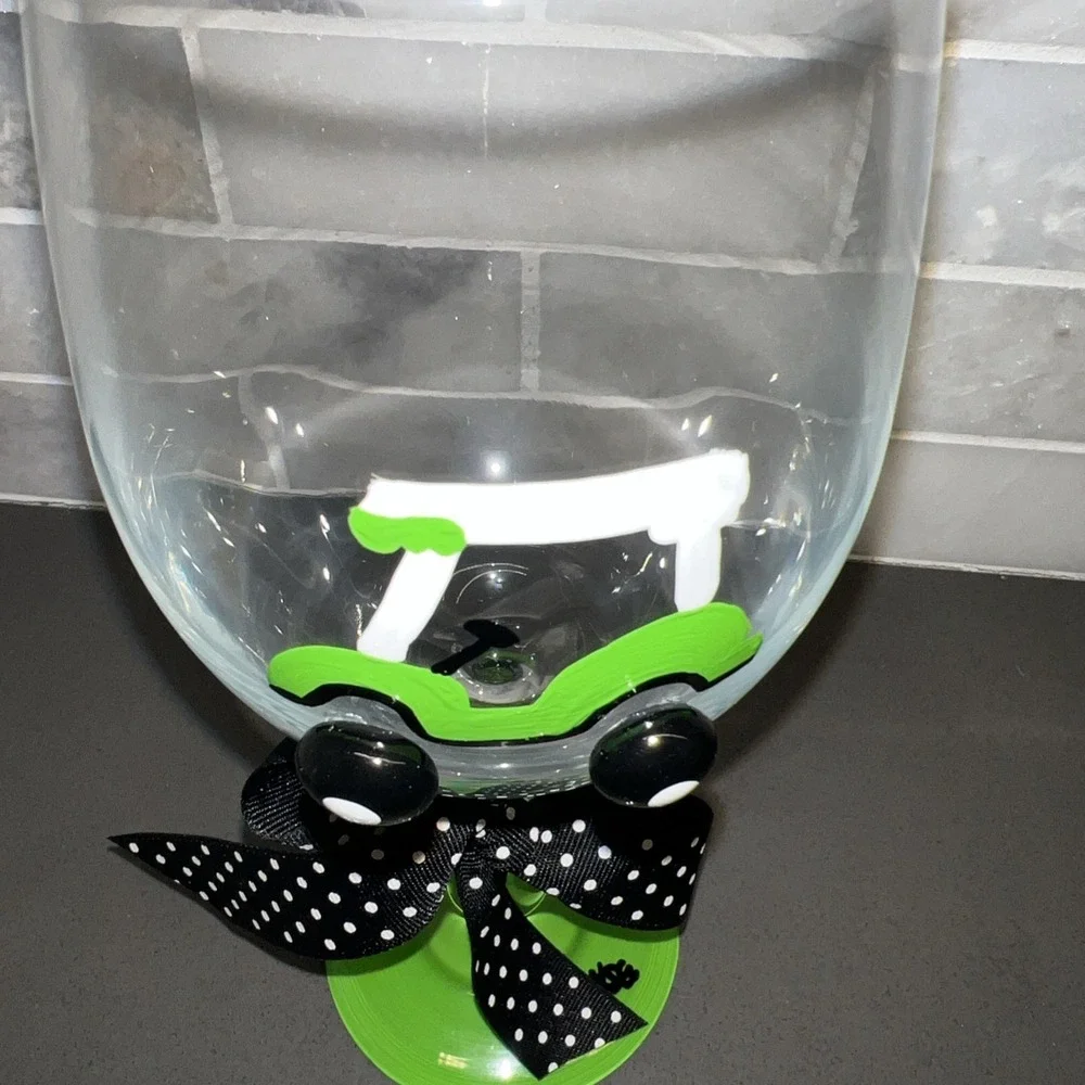 New Golf Cart Wine Glass Green Painted Art USA Gift Decor Gifts